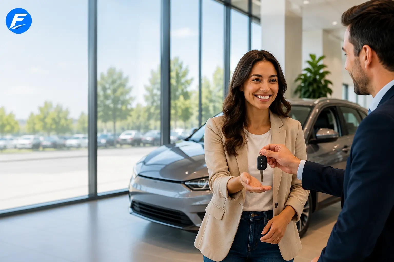 Cliente recibiendo las llaves de un coche recién comprado con asesoramiento para contratar un seguro provisional